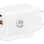 Manhattan Wall/Power Mobile Device Charger (Euro 2-pin), USB-C and USB-A ports, USB-C Output: 20W, USB-A Output: 18W, White, Phone/Tablet Charger, Three Year Warranty, Retail Box
