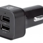 Manhattan Car/Auto Mobile Device Charger (Clearance Pricing), 2x USB-A Outputs, Includes 2-in-1 Charging Cable (for Micro-USB & USB-C outputs), Charging 2.1A (fast charging), Surge Protection, Black, Phone Charger, Three Year Warranty, Blister