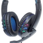 Manhattan USB-A Gaming Headset with LEDs (Clearance Pricing). Retractable Built-in Microphone, Audio Control, Integrated 1.8m cable, Black and Blue, Three Year Warranty