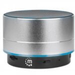 Manhattan Metallic Bluetooth Speaker (Clearance Pricing), Splashproof, Range 10m, microSD card reader, Aux 3.5mm connector, USB-A charging cable included (5V charging), Silver, Three Years Warranty
