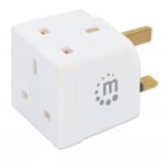 Manhattan UK Double Plug Adaptor, x2 output (2-way), Plug Socket, White, Three Year Warranty